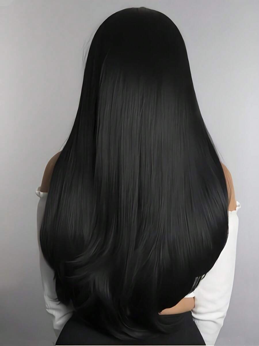 SHEIN باروكة صناعية طويلة سوداء 28 بوصة مقاومة للحرارة