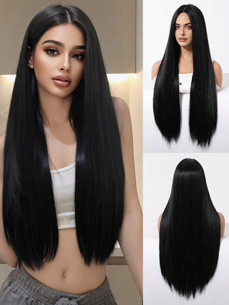 SHEIN باروكة صناعية طويلة سوداء 28 بوصة مقاومة للحرارة