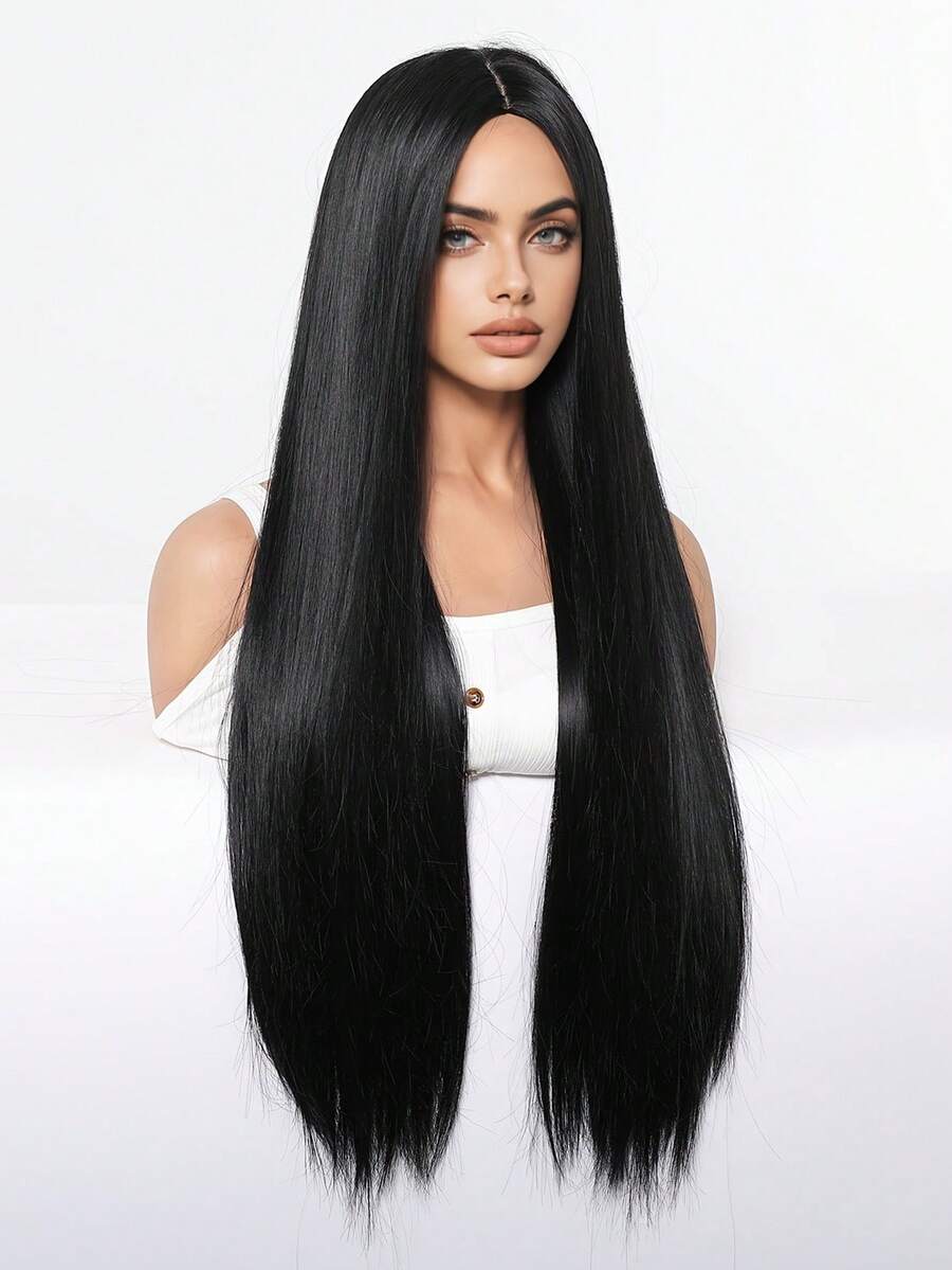 SHEIN باروكة صناعية طويلة سوداء 28 بوصة مقاومة للحرارة