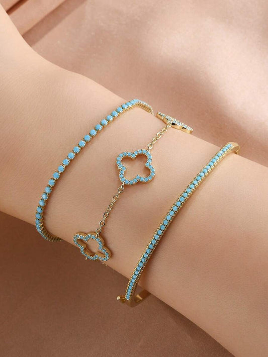 SHEIN rakol مجموعة 3 أساور مرصعة بزركونيا مكعبة وفيروز