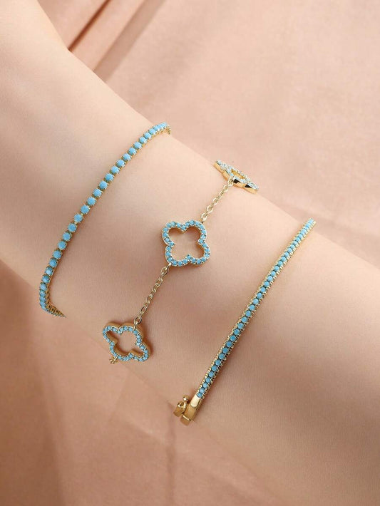 SHEIN rakol مجموعة 3 أساور مرصعة بزركونيا مكعبة وفيروز