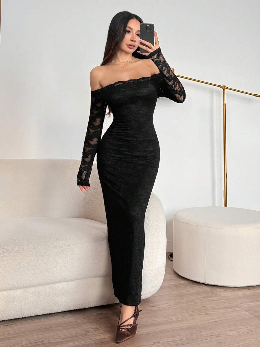SHEIN PETITE فستان أسود بأكمام طويلة وياقة مكشوفة الكتفين مزين بالدانتيل