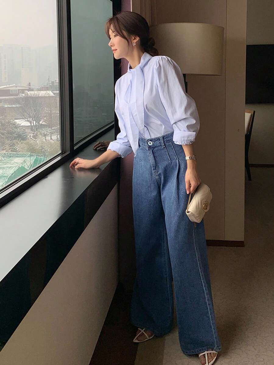 SHEIN DAZY | بنطال جينز واسع الساق بخصر مرتفع وكسرات