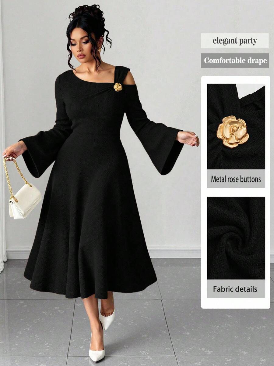 SHEIN Elenzga فستان ماكسي أسود للمقاسات الكبيرة بأكتاف غير متماثلة