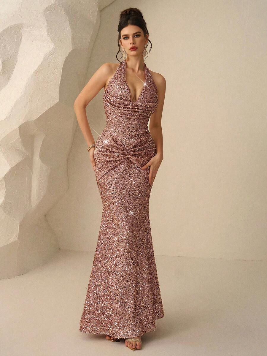 SHEIN Coutiva فستان ترتر بأكمام طويلة بلون شمبانيي