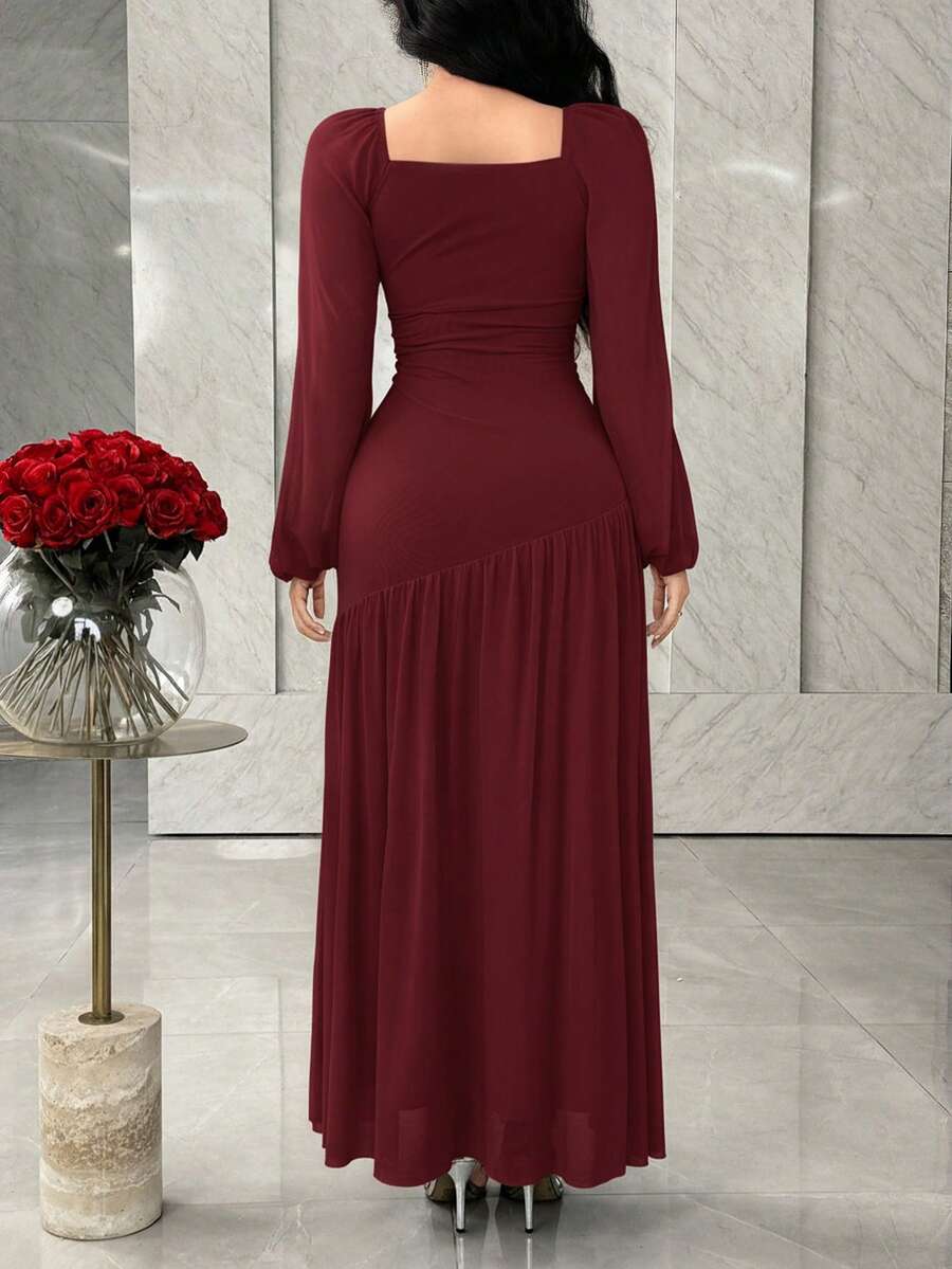 SHEIN Feyla فستان عنابي بياقة مربعة وطيات