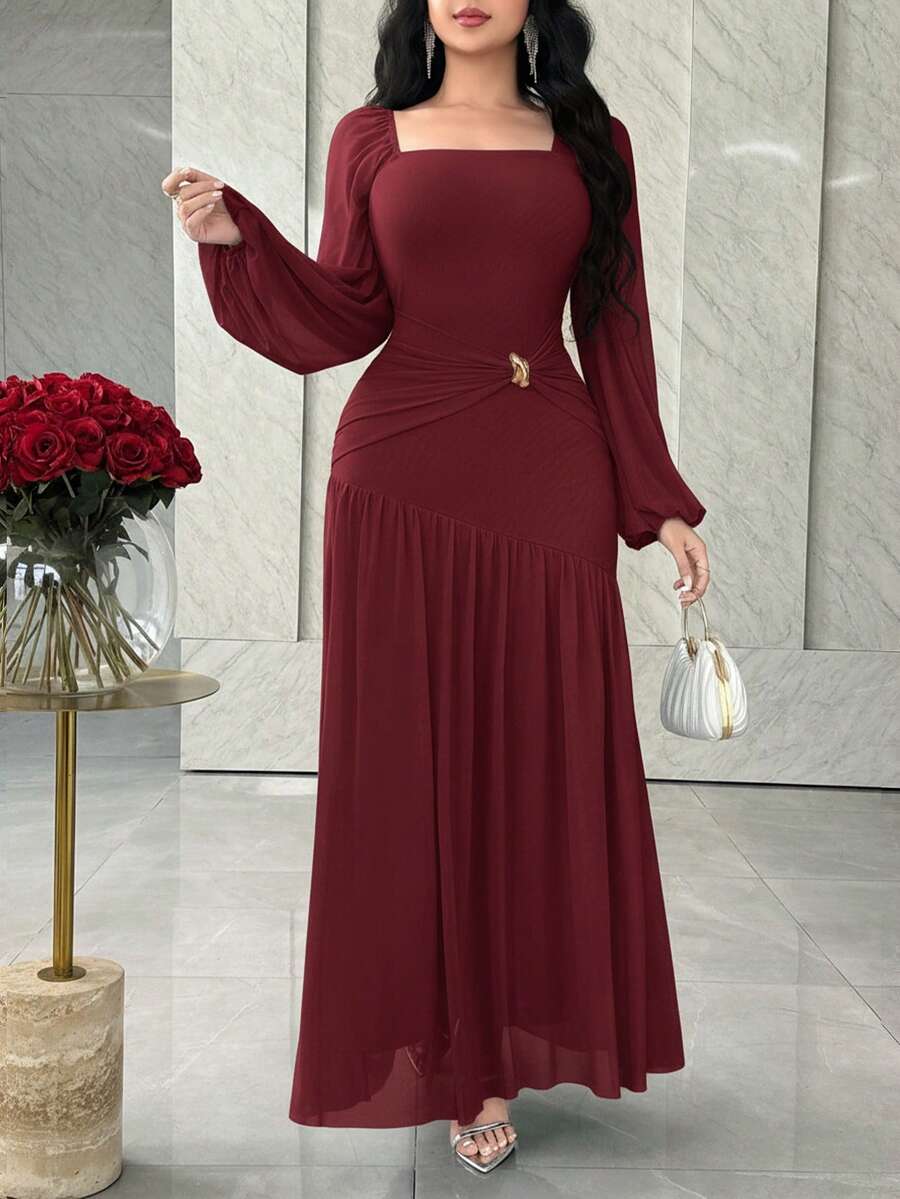 SHEIN Feyla فستان عنابي بياقة مربعة وطيات