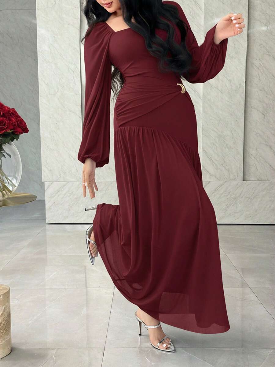 SHEIN Feyla فستان عنابي بياقة مربعة وطيات