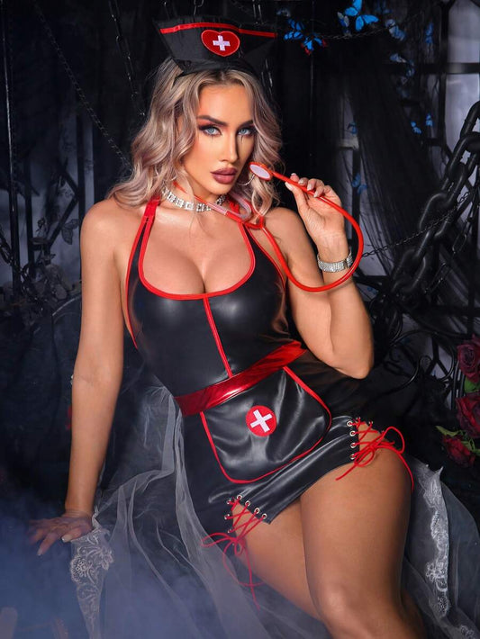SHEIN Fantasy Costume زي ممرضة من جلد بولي يوريثان بأربطة خلفية