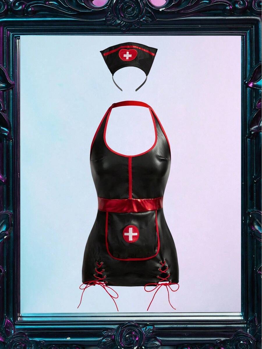 SHEIN Fantasy Costume زي ممرضة من جلد بولي يوريثان بأربطة خلفية