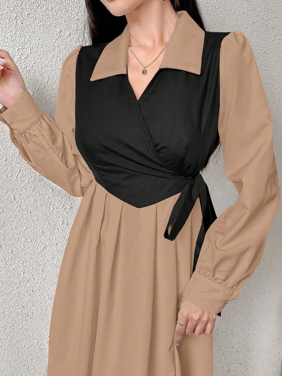 SHEIN Mulvari فستان كاكي بيج أنيق بربطة خلفية