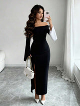 SHEIN Elenzga فستان حفلة اسود طويل الأكمام