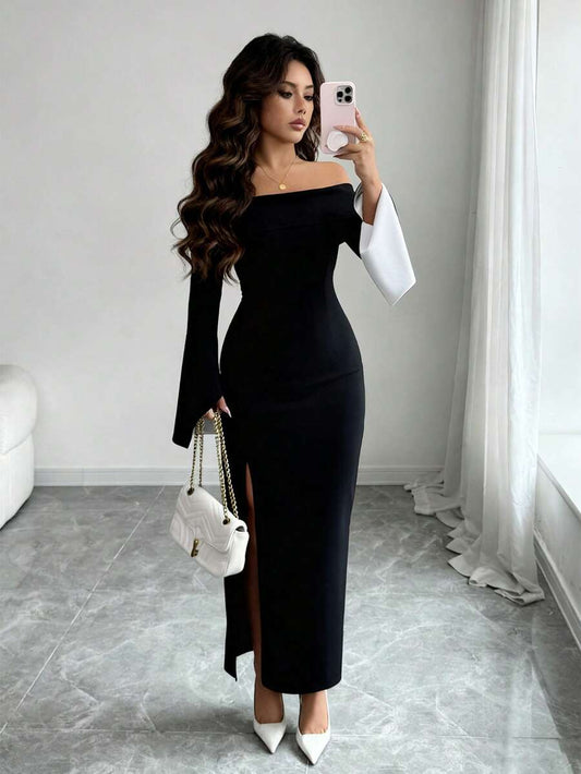SHEIN Elenzga فستان حفلة اسود طويل الأكمام