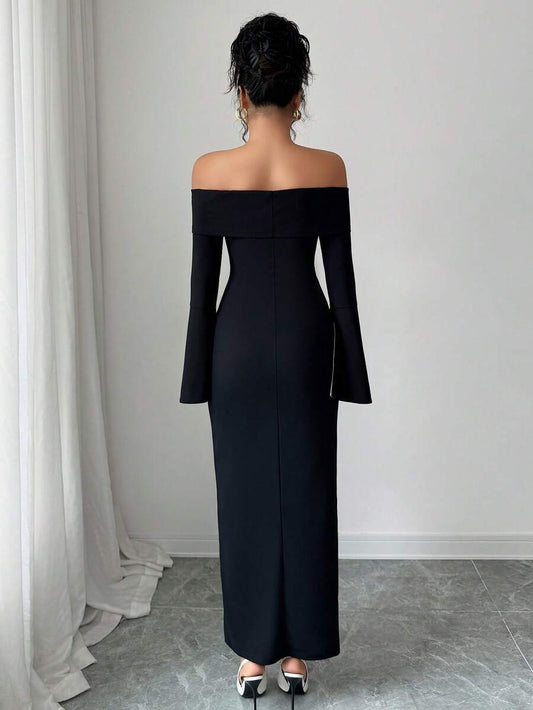 SHEIN Elenzga فستان حفلة اسود طويل الأكمام