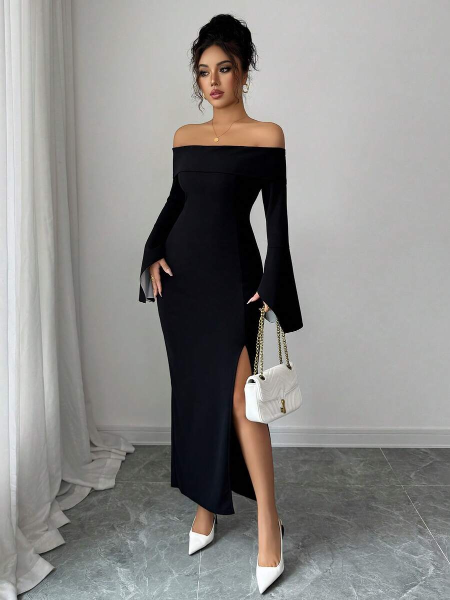 SHEIN Elenzga فستان حفلة اسود طويل الأكمام