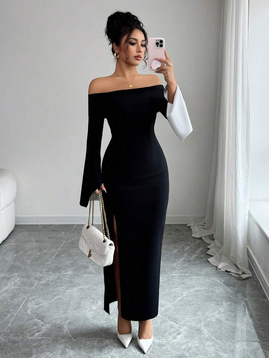 SHEIN Elenzga فستان حفلة اسود طويل الأكمام