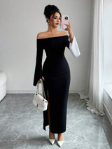 SHEIN Elenzga فستان حفلة اسود طويل الأكمام