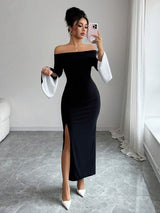 SHEIN Elenzga فستان حفلة اسود طويل الأكمام