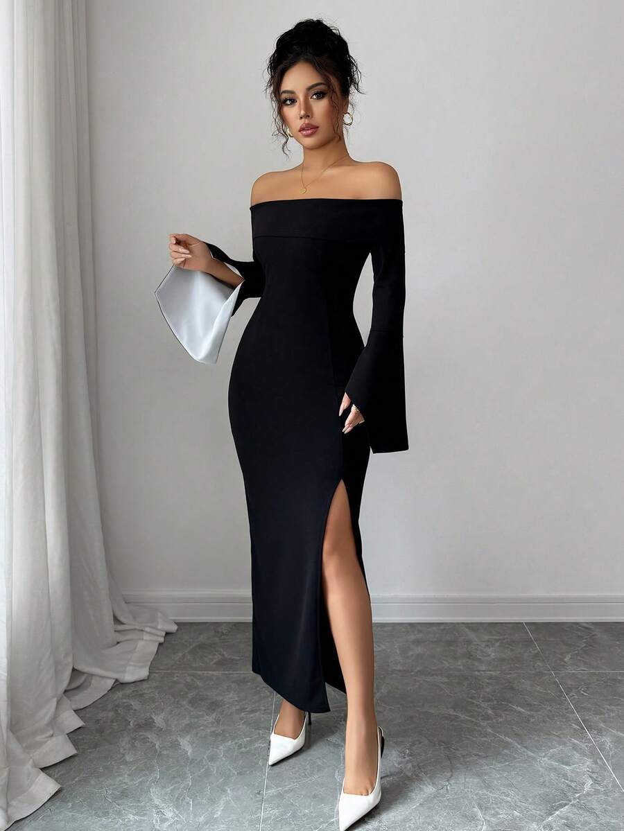 SHEIN Elenzga فستان حفلة اسود طويل الأكمام