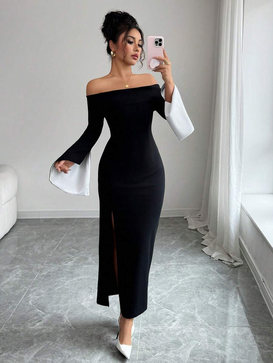 SHEIN Elenzga فستان حفلة اسود طويل الأكمام