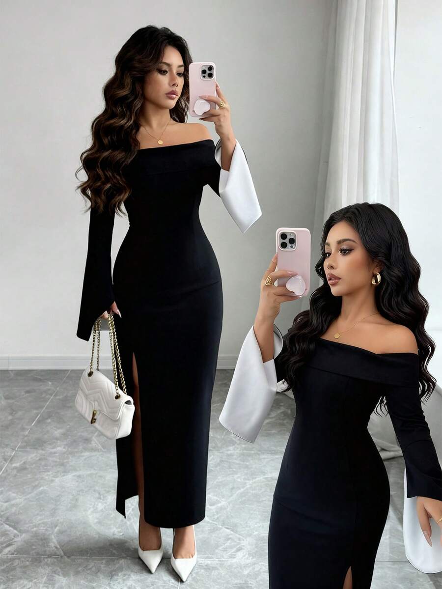 SHEIN Elenzga فستان حفلة اسود طويل الأكمام