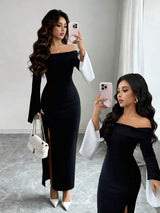 SHEIN Elenzga فستان حفلة اسود طويل الأكمام