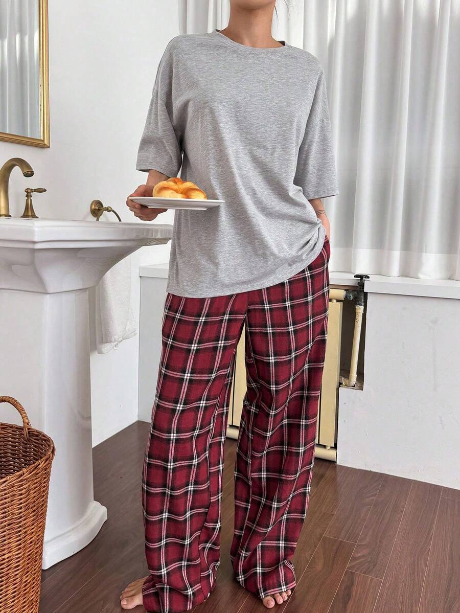SHEIN DAZY طقم بيجامة قطعتين بلوزة فضفاضة وبنطلون مربعات