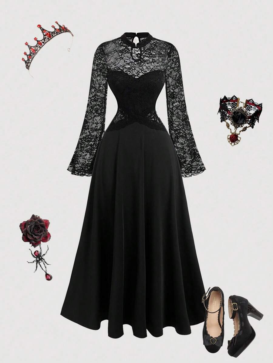 SHEIN MOD فستان أسود من الدانتيل بتصميم لوحات