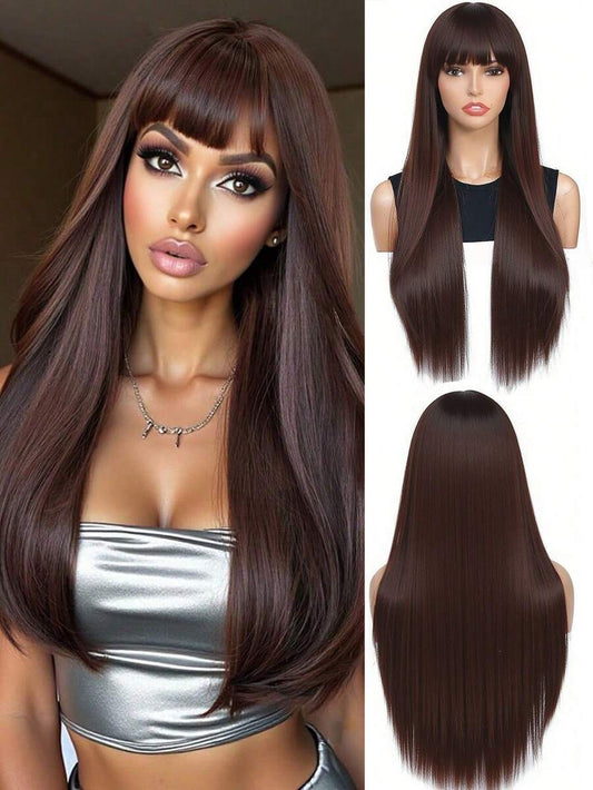 SHEIN شعر صناعي أسود 28 بوصة مقاوم للحرارة مع غرة