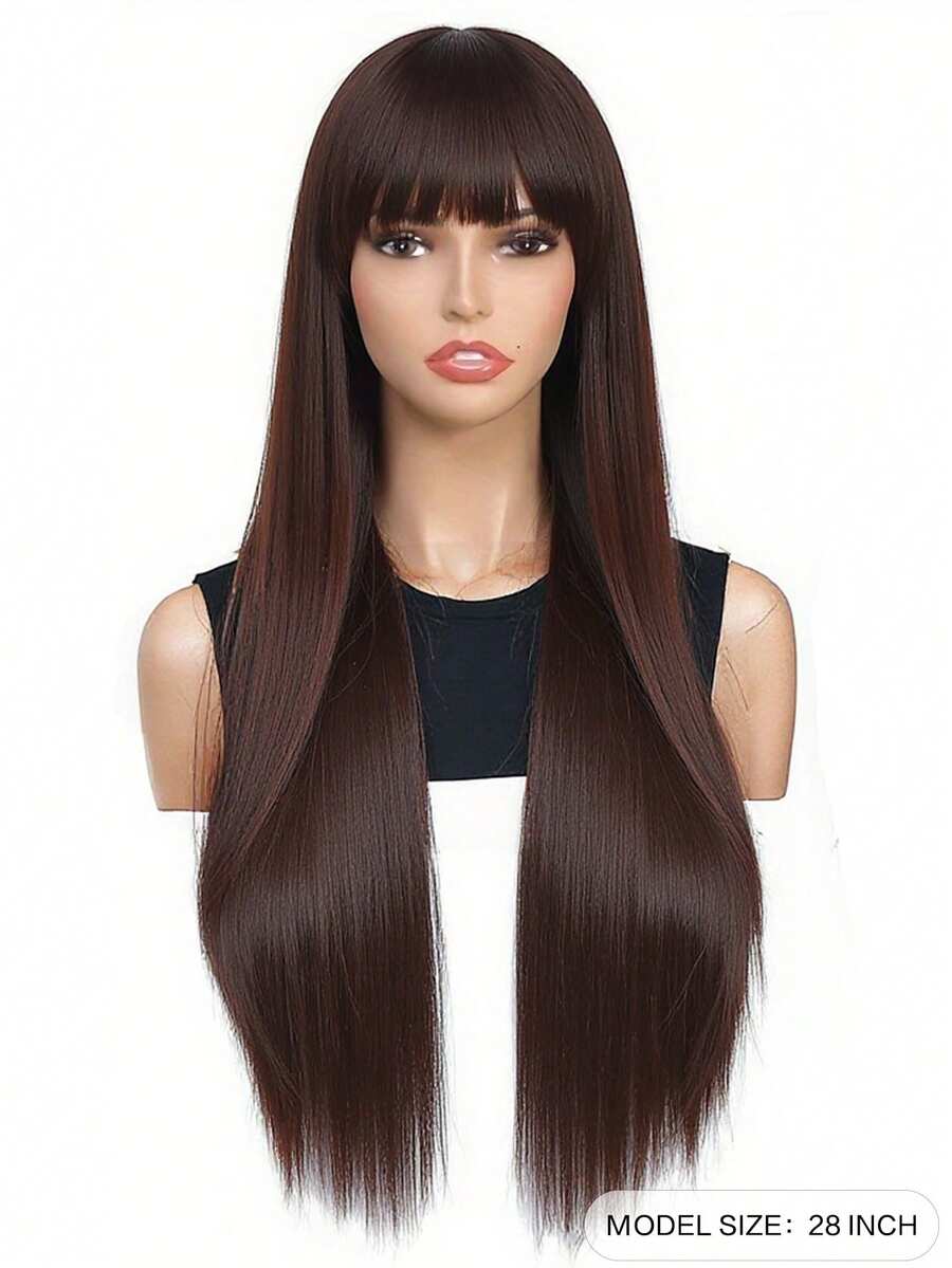 SHEIN شعر صناعي أسود 28 بوصة مقاوم للحرارة مع غرة