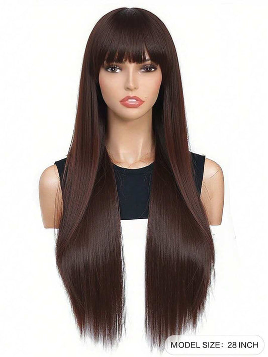 SHEIN شعر صناعي أسود 28 بوصة مقاوم للحرارة مع غرة