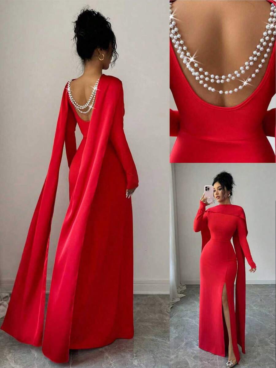 SHEIN Elenzga فستان ماكسي أحمر بأكمام طويلة وخرز ولؤلؤ