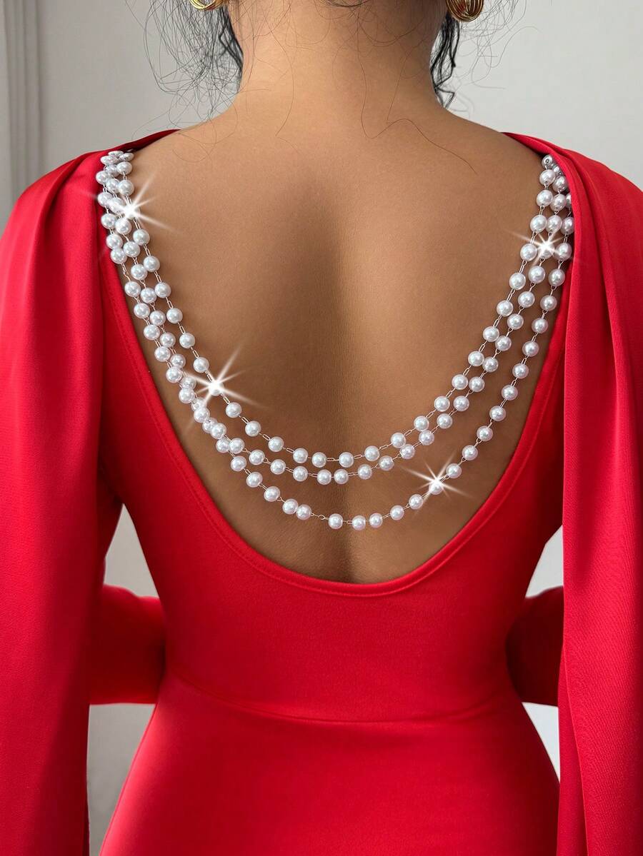 SHEIN Elenzga فستان ماكسي أحمر بأكمام طويلة وخرز ولؤلؤ