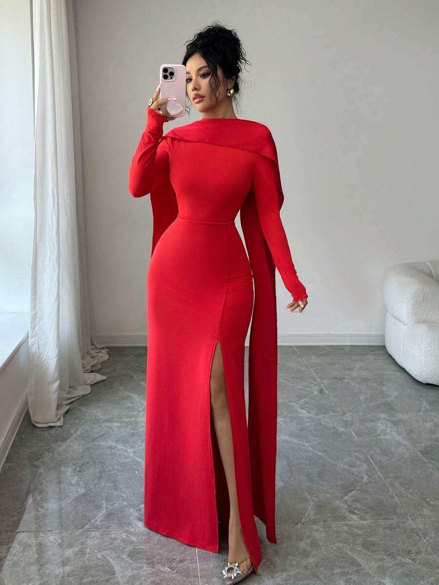 SHEIN Elenzga فستان ماكسي أحمر بأكمام طويلة وخرز ولؤلؤ
