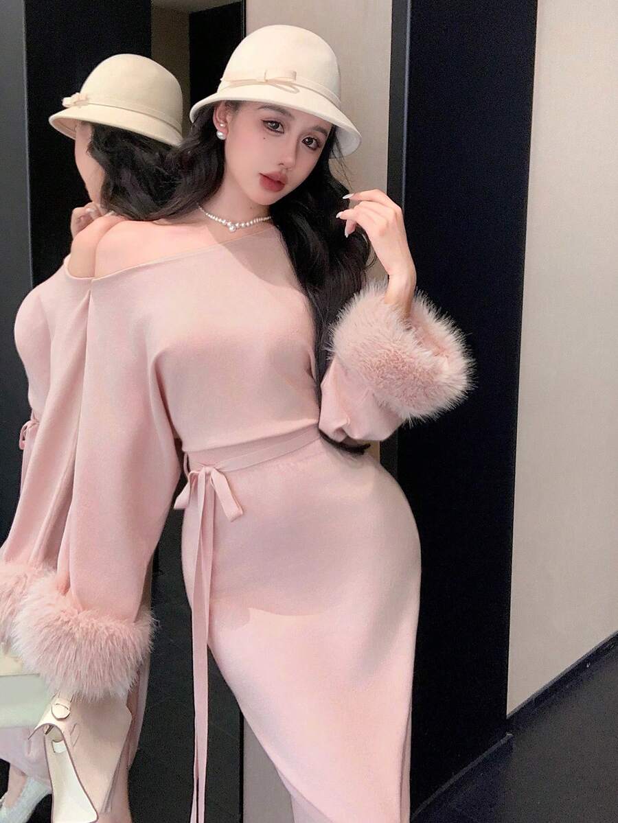 SHEIN DAZY فستان وردي بياقة فرائية بكتف غير متماثل مع ربطة خصر