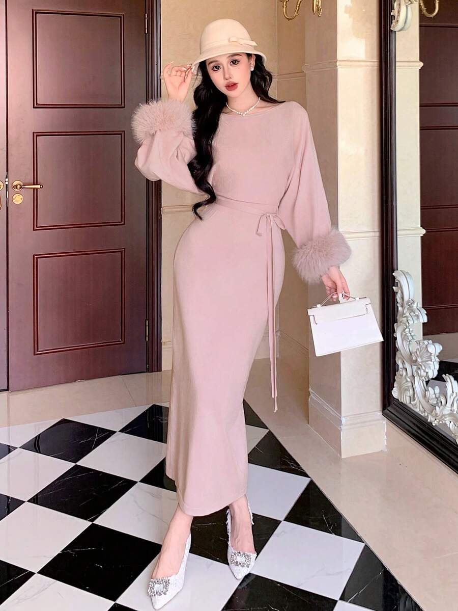 SHEIN DAZY فستان وردي بياقة فرائية بكتف غير متماثل مع ربطة خصر