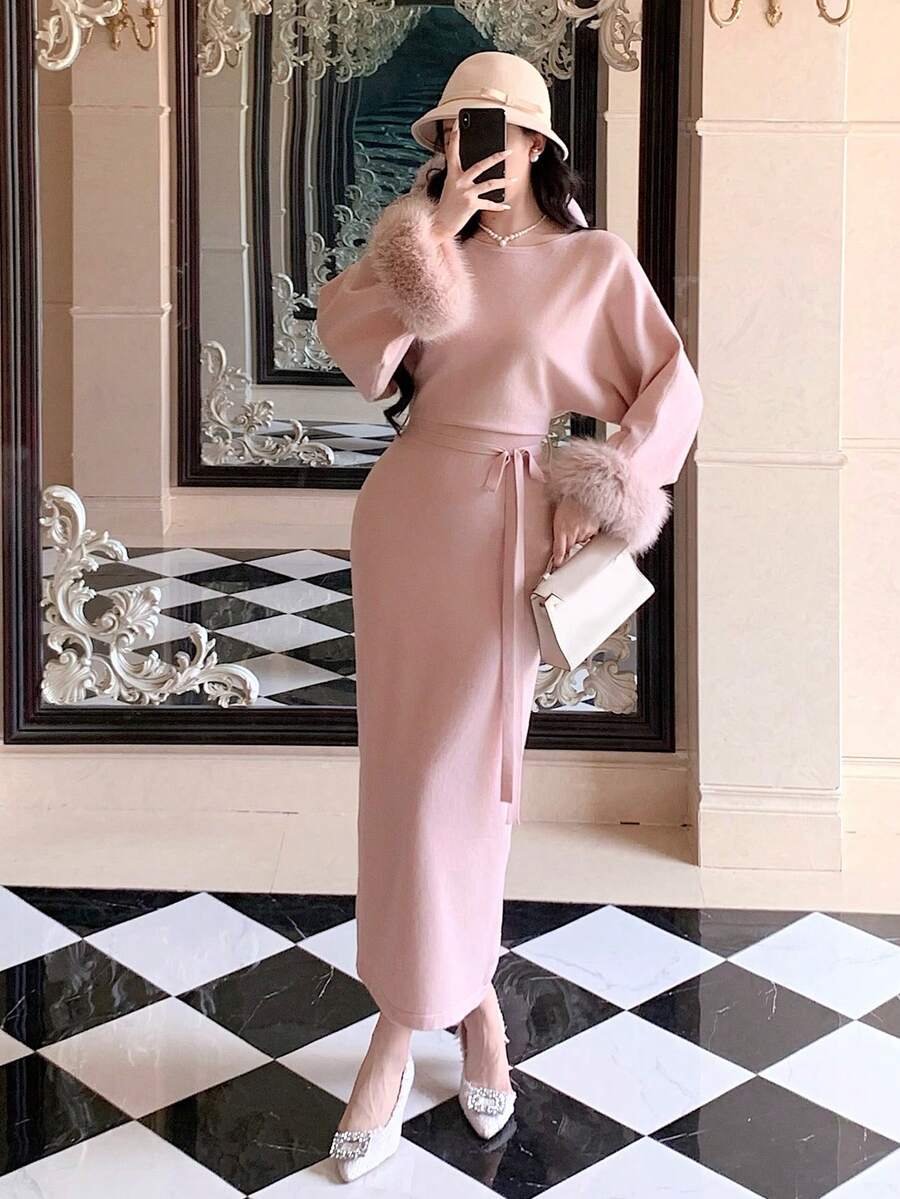 SHEIN DAZY فستان وردي بياقة فرائية بكتف غير متماثل مع ربطة خصر