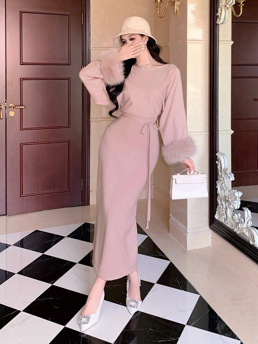SHEIN DAZY فستان وردي بياقة فرائية بكتف غير متماثل مع ربطة خصر