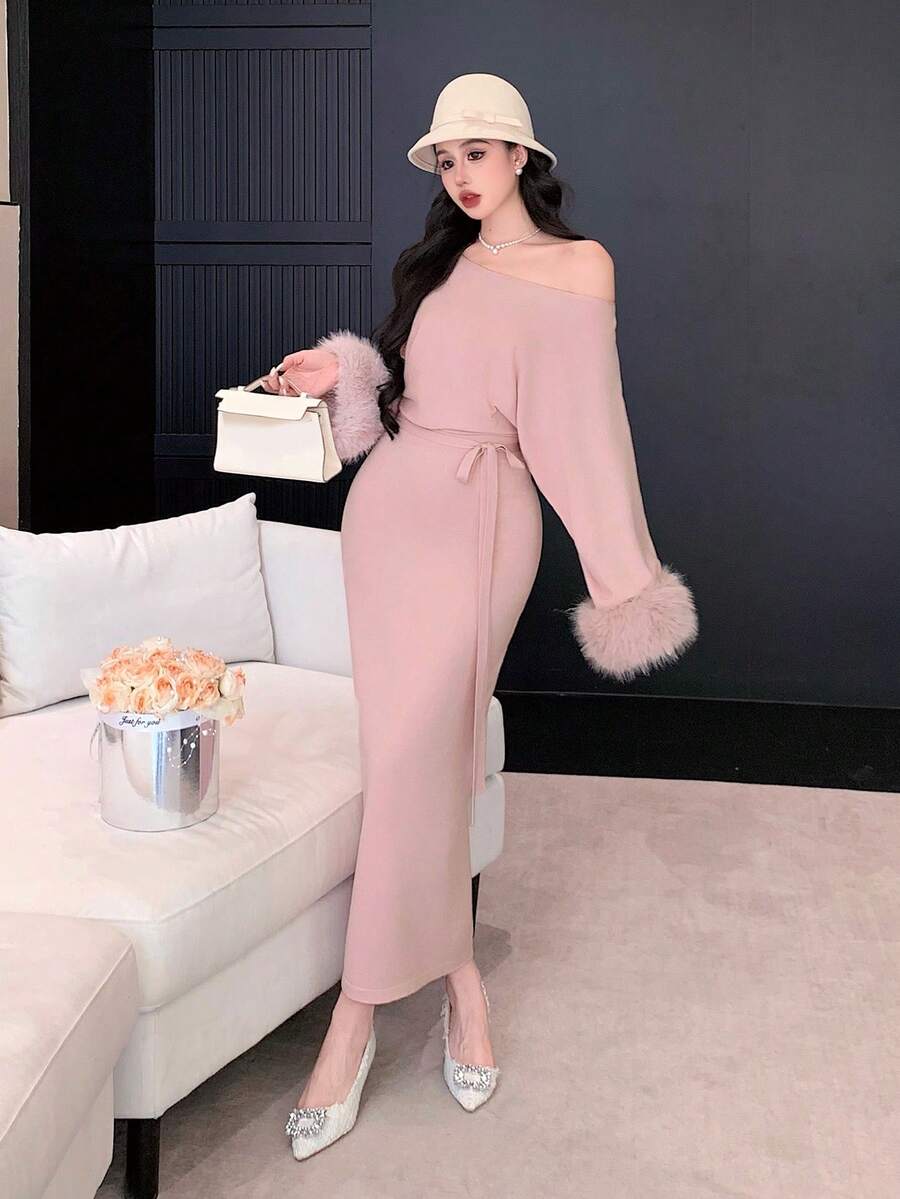 SHEIN DAZY فستان وردي بياقة فرائية بكتف غير متماثل مع ربطة خصر