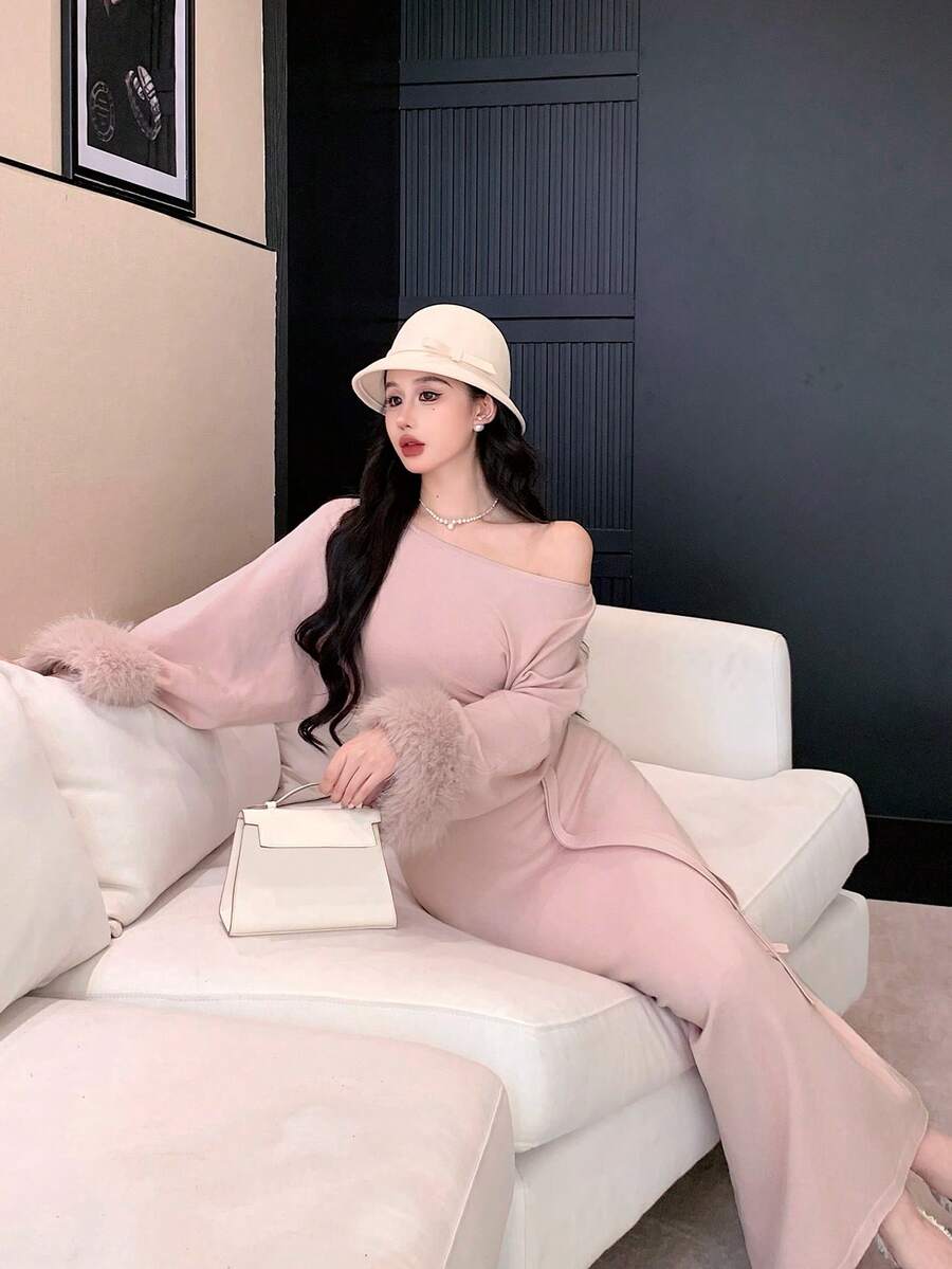 SHEIN DAZY فستان وردي بياقة فرائية بكتف غير متماثل مع ربطة خصر