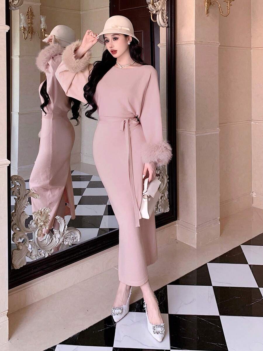 SHEIN DAZY فستان وردي بياقة فرائية بكتف غير متماثل مع ربطة خصر