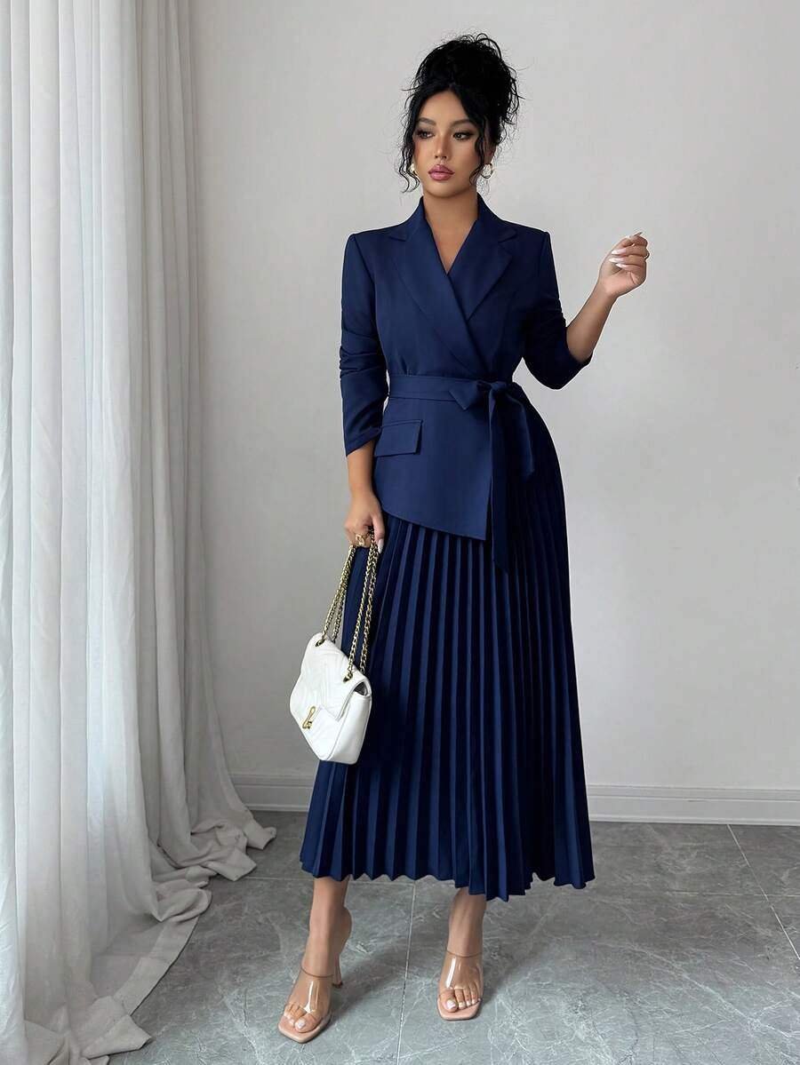 SHEIN Rafferiza فستان أزرق بياقة بليزر وأكمام طويلة وخصر مربوط