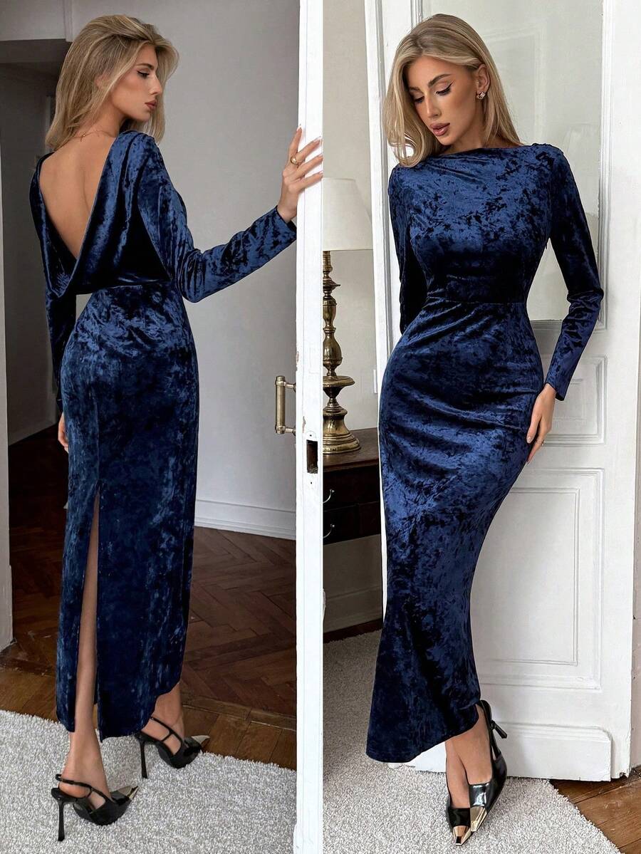 SHEIN Elenzya فستان ضيق للنساء بياقة مستديرة وظهر مفتوح وخصر مناسب بلون أزرق ملكي