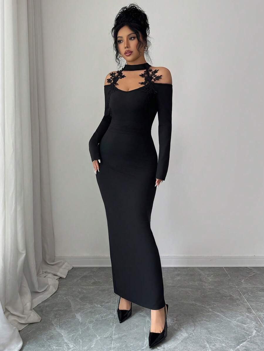 SHEIN Elenzga فستان ماكسي أسود ضيق بأكمام طويلة ورقبة عالية