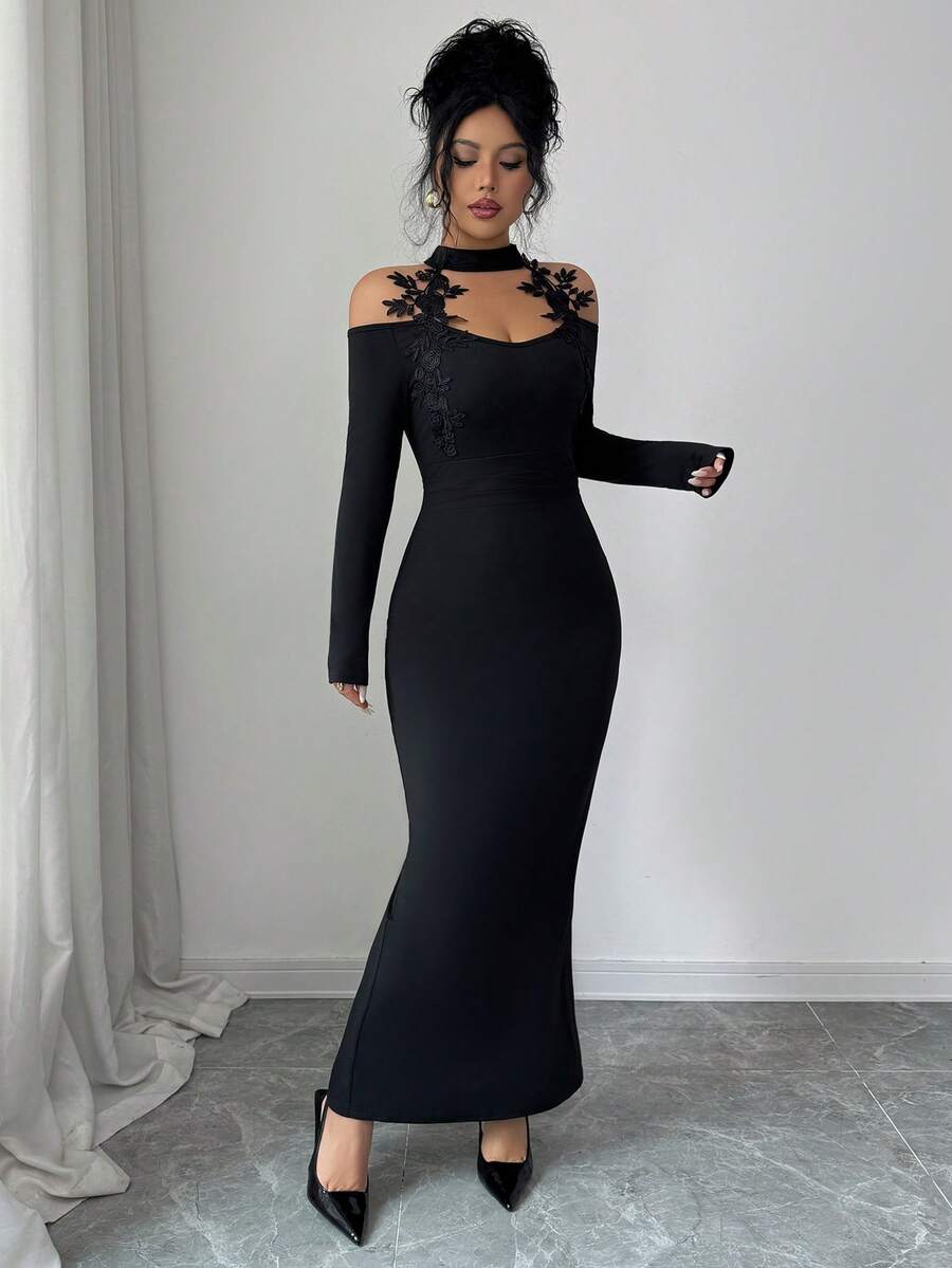 SHEIN Elenzga فستان ماكسي أسود ضيق بأكمام طويلة ورقبة عالية