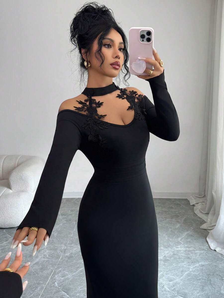 SHEIN Elenzga فستان ماكسي أسود ضيق بأكمام طويلة ورقبة عالية