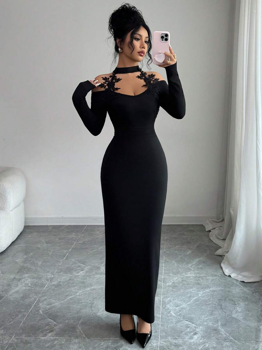 SHEIN Elenzga فستان ماكسي أسود ضيق بأكمام طويلة ورقبة عالية