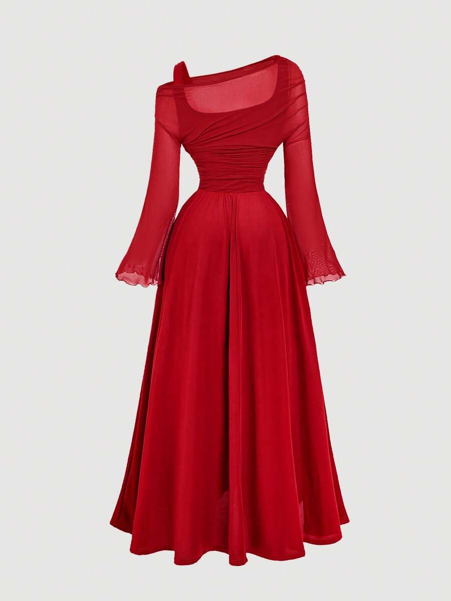 SHEIN MOD فستان أحمر 2 في 1 من الشبك بأكمام شبكية وتصميم بوق بطابع فينتاج