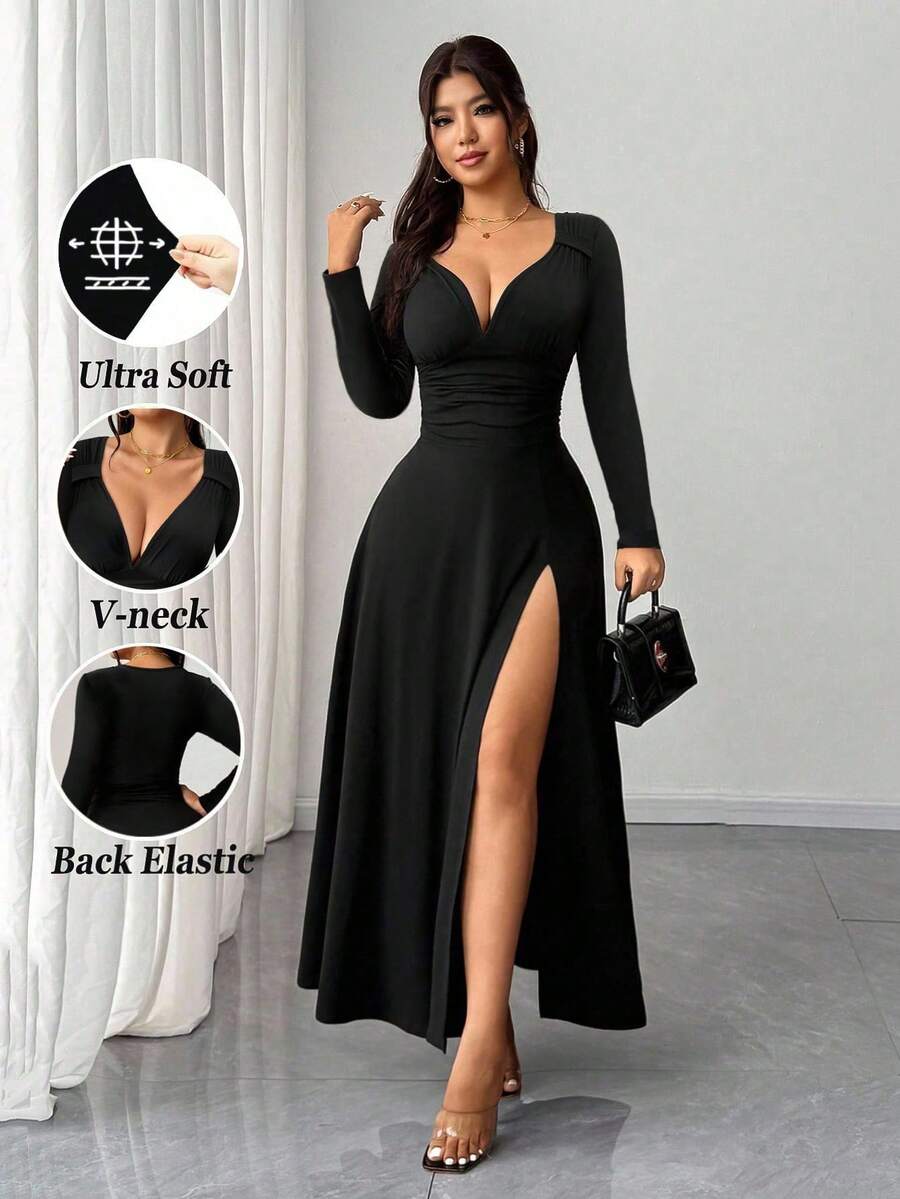 SHEIN Rafferiza فستان أسود ضيق بأكمام طويلة بشق جانبي