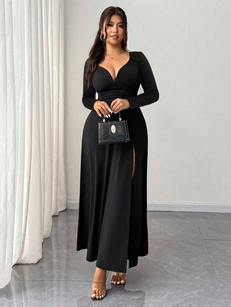 SHEIN Rafferiza فستان أسود ضيق بأكمام طويلة بشق جانبي